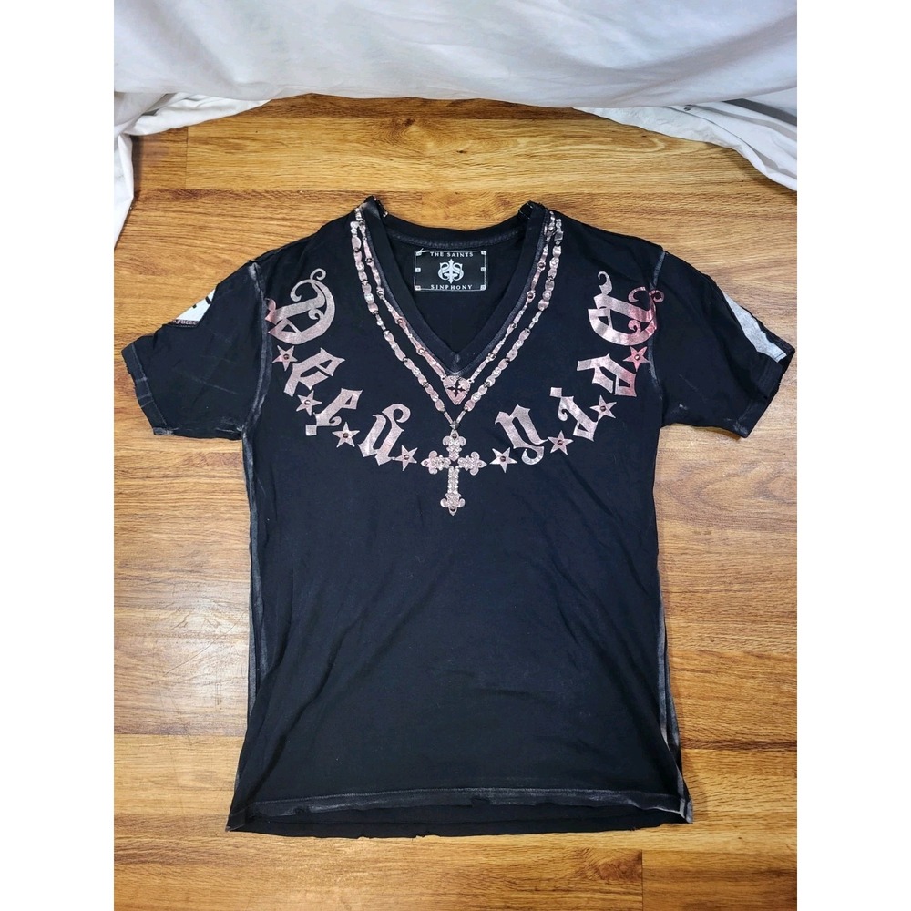 The Saints Sinphony Size M Black Studded V Neck Short Sleeve Tee Shirt New York